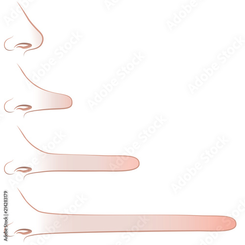 Nose getting longer because of lying, like Pinocchio. Different lengths, four steps, beginning from the truth to white lie, bluff and cheat to worst kind of lies. Comic illustration on.