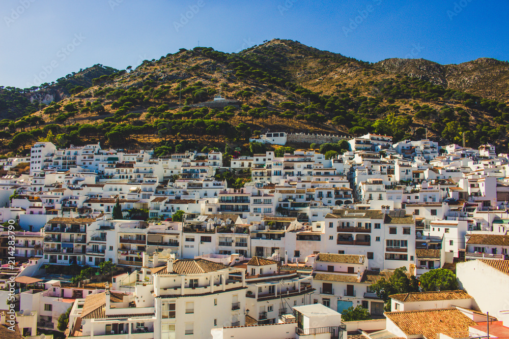 Mijas. View of the village of Mijas, white houses and mountains. Costa del Sol, Andalusia, Spain. Picture taken – 15 july 2018.