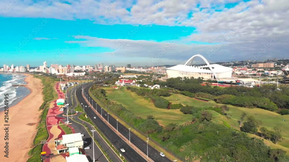 Aerial shots of Moses Mabhida stadium form the beach area in Durban, South Africa.