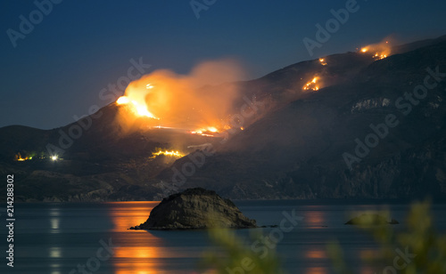 Raging Forest Fire at Night in Zakynthos, Greece