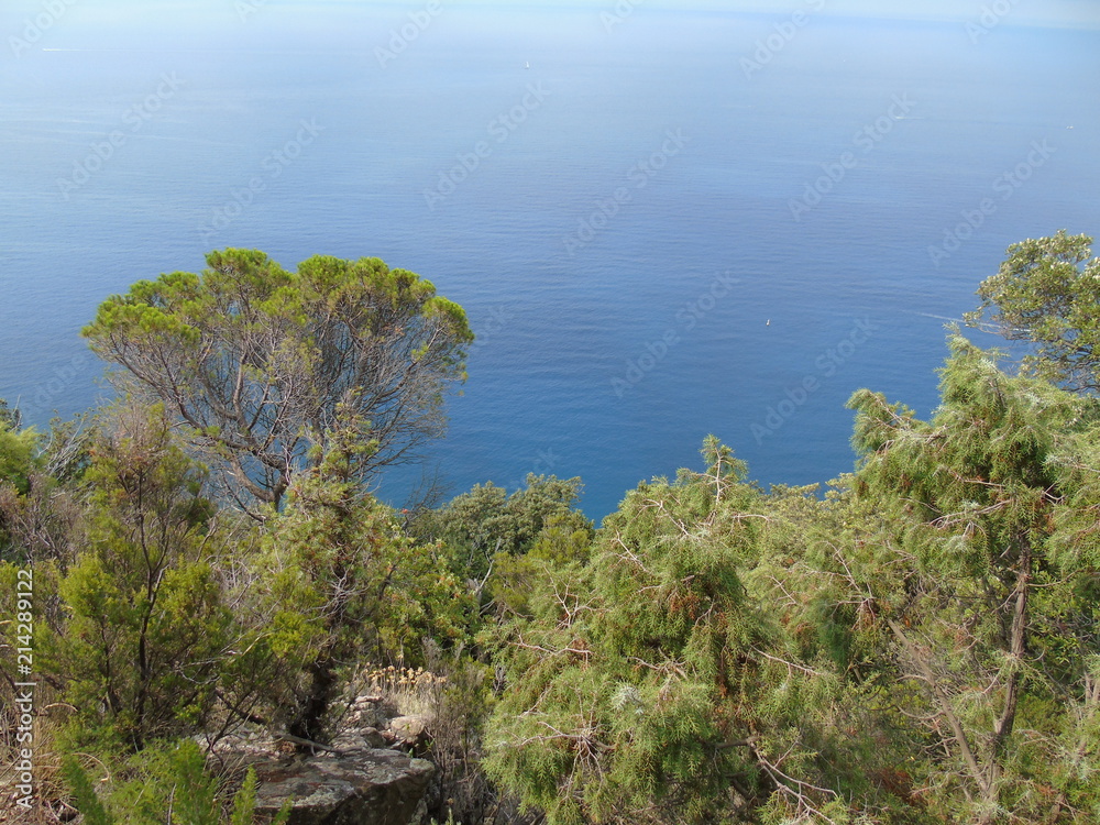 Fototapeta premium An amazing caption of the beautiful places from the 5 Terre in Liguria with an amazing blue sky and some green mountains in the background