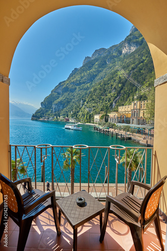 View of the beautiful Lake Garda .Riva del Garda town and Garda lake in the summer time , Italy