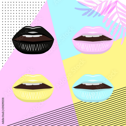 Universal trend poster juxtaposed with bright bold geometric leaves foliage yellow, blue and pink elements. Background in laconic fashion style. Lips with lipstick in pin style