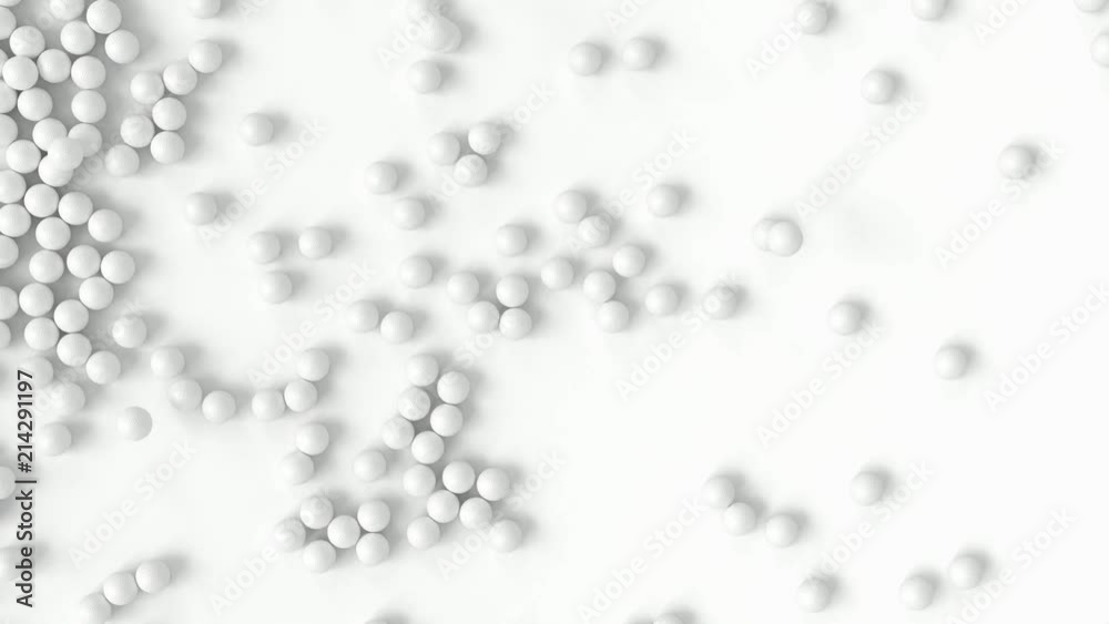 Animated top view of falling plain white golf balls on white base or background bouncing of it and tumbling or rolling toward the camera and then into the center. Animated top view of falling plain white golf balls on white base or background bouncing of it and tumbling or rolling toward the camera and then into the center.