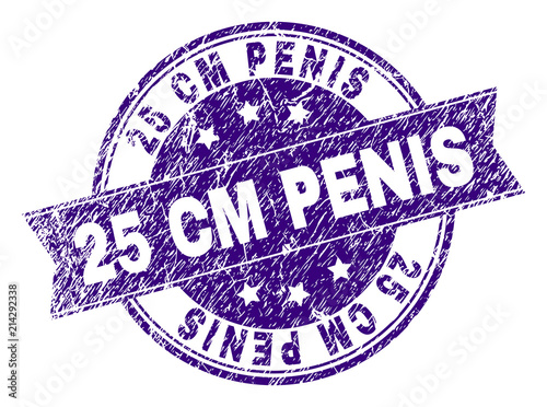 25 CM PENIS stamp seal watermark with grunge texture. Designed with ribbon and circles. Violet vector rubber print of 25 CM PENIS title with corroded texture.