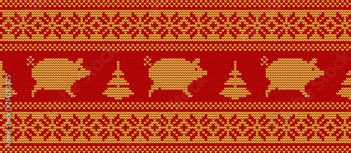 Knitted pattern with pigs and fir-trees in yellow and red colors. Ornament. Border. Seamless sample. It can be used as a background to the New Year 2019 yellow pig. Vector illustration