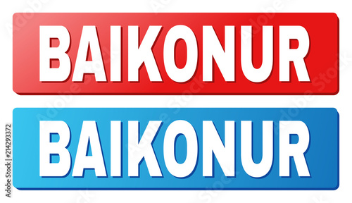 BAIKONUR text on rounded rectangle buttons. Designed with white title with shadow and blue and red button colors.