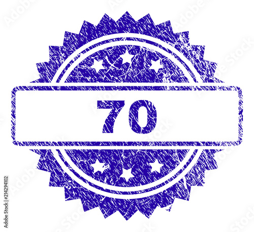 70 stamp imprint with corroded style. Blue vector rubber seal print of 70 label with corroded texture.