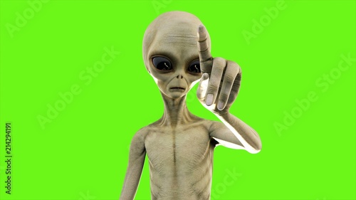 Alien presses the button on green screen. 3D Rendering.