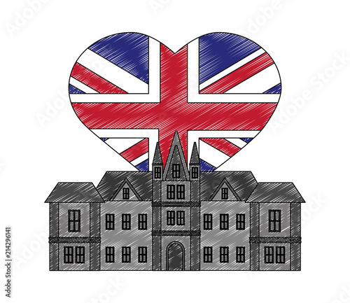 british castle with flag of grear britain in shape heart