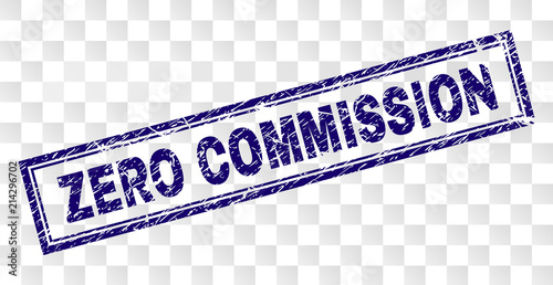 ZERO COMMISSION stamp seal print with rubber print style and double framed rectangle shape. Stamp is placed on a transparent background.