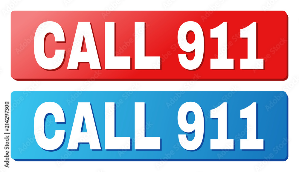 CALL 911 text on rounded rectangle buttons. Designed with white caption with shadow and blue and red button colors.
