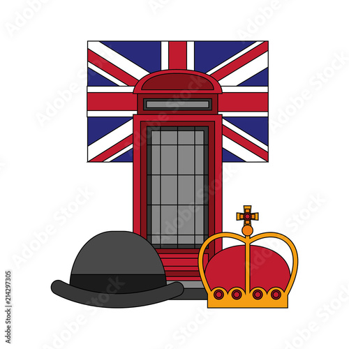 classic british telephone booth with flag and set icons