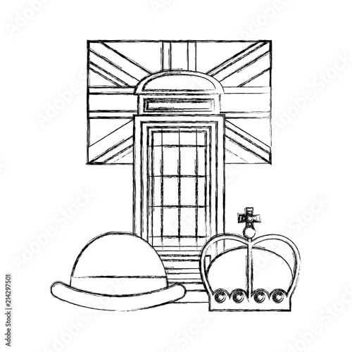 classic british telephone booth with flag and set icons