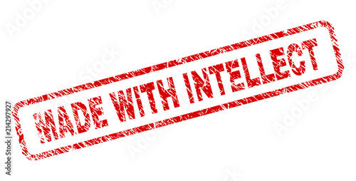 MADE WITH INTELLECT stamp seal print with distress style. Red vector rubber print of MADE WITH INTELLECT text with unclean texture. Text label is placed inside rounded rectangle frame.