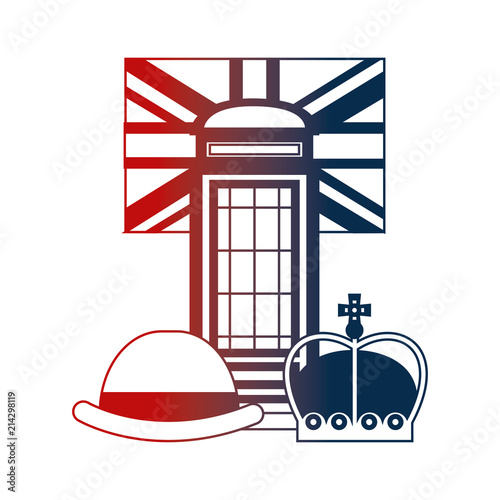 telephone booth bowler hat crown and english flag