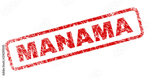 MANAMA stamp seal print with scratced style. Red vector rubber print of MANAMA tag with unclean texture. Text tag is placed inside rounded rectangle frame.