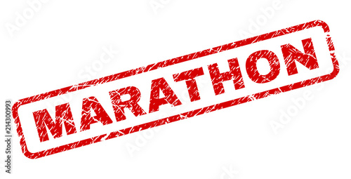 MARATHON stamp seal print with distress style. Red vector rubber print of MARATHON text with unclean texture. Text caption is placed inside rounded rectangle frame.
