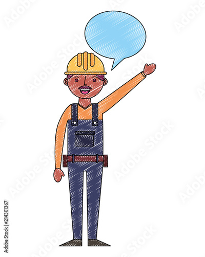 construction man worker with helmet and overalls speech bubble