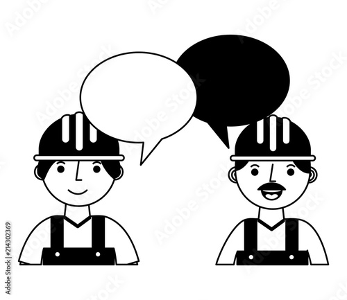 construction builders with speech bubbles vector illustration design