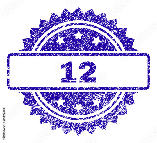 12 stamp imprint with distress style. Blue vector rubber seal print of 12 tag with grunge texture.