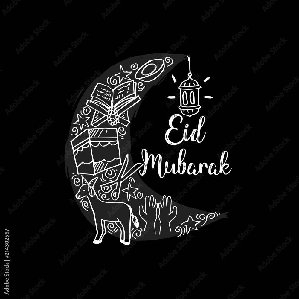 Eid mubarak greeting card in  cartoon doodle style