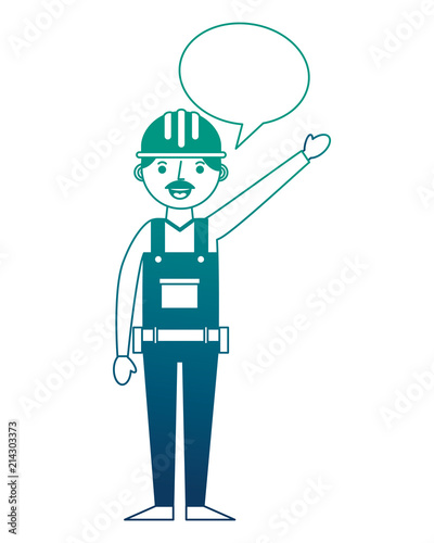 construction man worker with helmet and overalls speech bubble vector illustration gradient design