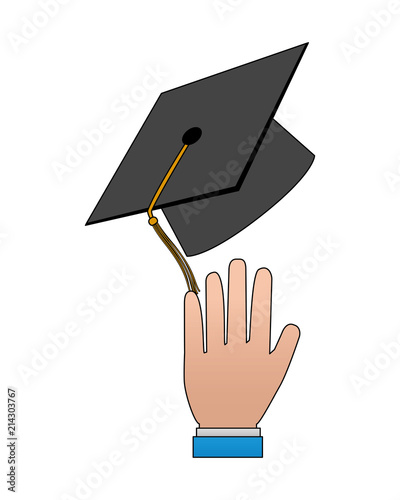 hand with hat graduation vector illustration design