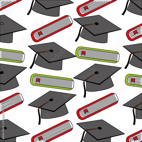 hat graduation with books pattern vector illustration design