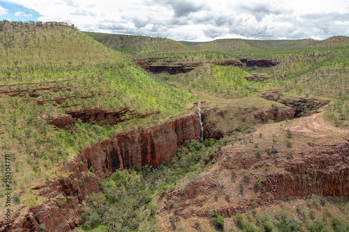 Wide angle Oblique Aerial landscape view of unamed waterfall and canyons in the Cockburn Ranges, El Questro Resort, Kimberley, Western Australia.