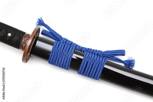 Blue Sageo cord for tie the scabbard of Japanese sword isolated in white background. photo