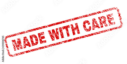 MADE WITH CARE stamp seal print with scratced style. Red vector rubber print of MADE WITH CARE caption with unclean texture. Text caption is placed inside rounded rectangle frame.