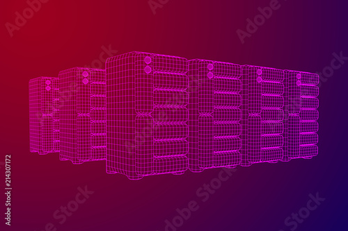 Hardware equipment telecommunication server. Data center storage room object. Computer database tower. Internet industry cluster. Wireframe low poly mesh vector illustration