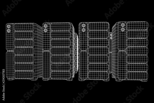 Hardware equipment telecommunication server. Data center storage room object. Computer database tower. Internet industry cluster. Wireframe low poly mesh vector illustration