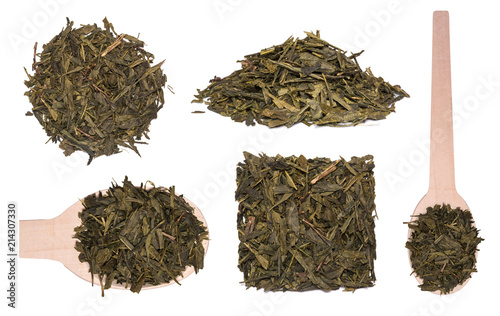 Big set of Sencha tea isolated on white background