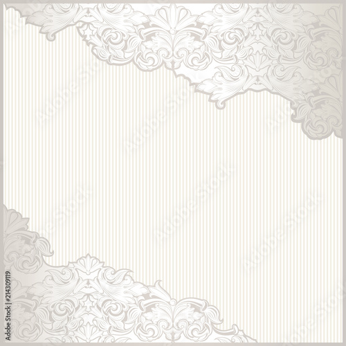 Vintage background with place for text. White, elegant, luxury with pearl-silver shining and baroque ornament (announcement, certificate, congratulation, card, banner, invitation) .quad format