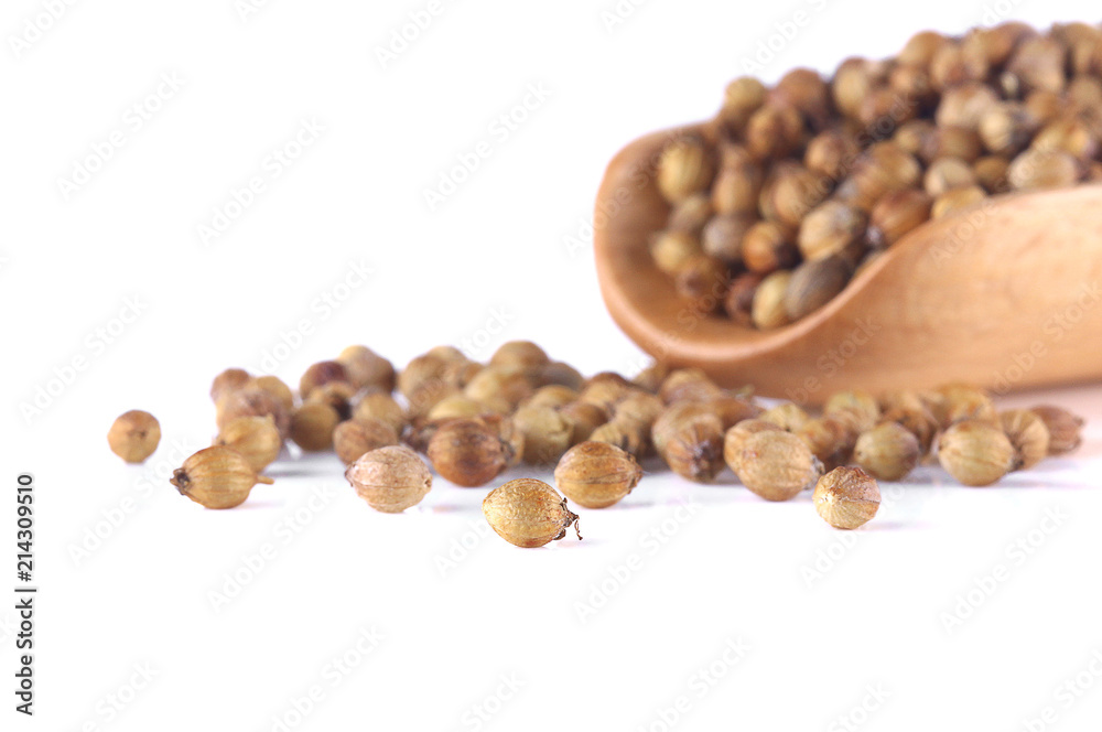 Split coriander seeds isolate on a white background. Split coriander seeds isolate on a white background.