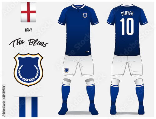 Soccer jersey or football kit template for football club. Blue football shirt with sock and shorts mock up. Front and back view soccer uniform. Football logo and Flag label. Vector Illustration.
