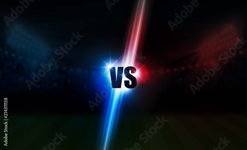 Football arena field with bright stadium lights vs letters for sports and fight competition. Battle and match design. Vector illumination