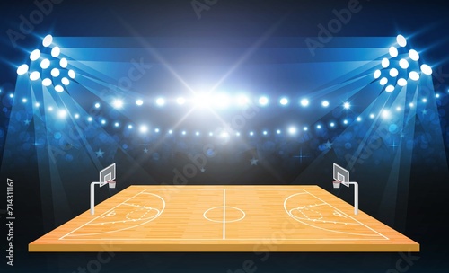 Basketball arena field with bright stadium lights design.match vs strategy broadcast graphic template. Vector illumination