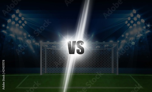 Football arena field with bright stadium lights vs letters for sports and fight competition. Battle and match design. Vector illumination