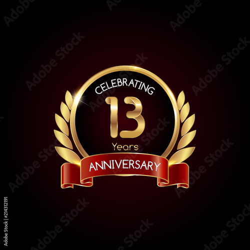13 Years Anniversary Celebration Logotype. Golden Elegant Vector Illustration with circle and laurel, Isolated on Black Background can be use for Celebration, Invitation, and Greeting card
