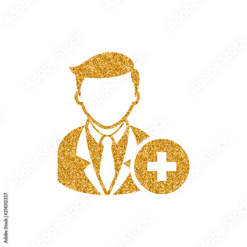 Businessman with plus sign icon in gold glitter texture. Sparkle luxury style vector illustration.