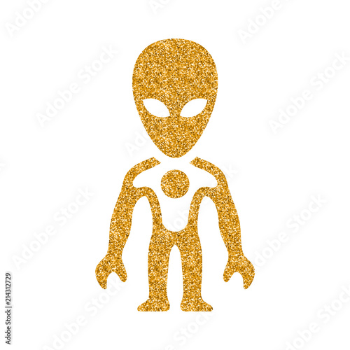 Alien icon in gold glitter texture. Sparkle luxury style vector illustration.