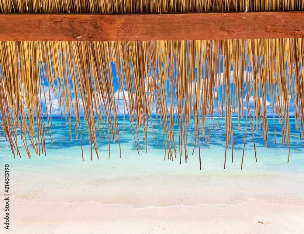 rebord de toiture de paille sur fond de lagon seychellois