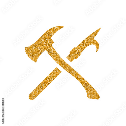 Fireman tools icon in gold glitter texture. Sparkle luxury style vector illustration.