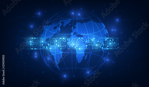 Blockchain technology on futuristic background with world map network.Network ,vector illustration