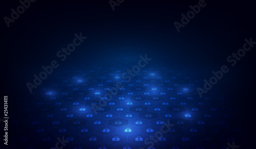 Blockchain circuit networking concept. Distributed ledger technology. Locks are located in Hexagonal cells