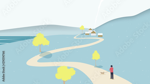 Autumn scenery landscape, man and dog walking on the road surrounded by mountains and trees