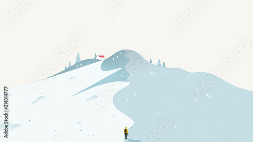 Fototapeta Naklejka Na Ścianę i Meble -  Winter scenery landscape, man climbing snow mountain to small house in the peak